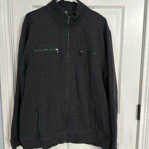 Calvin Klein zip front sweater XL gray ribbed trim  EUC no rips tears or stains